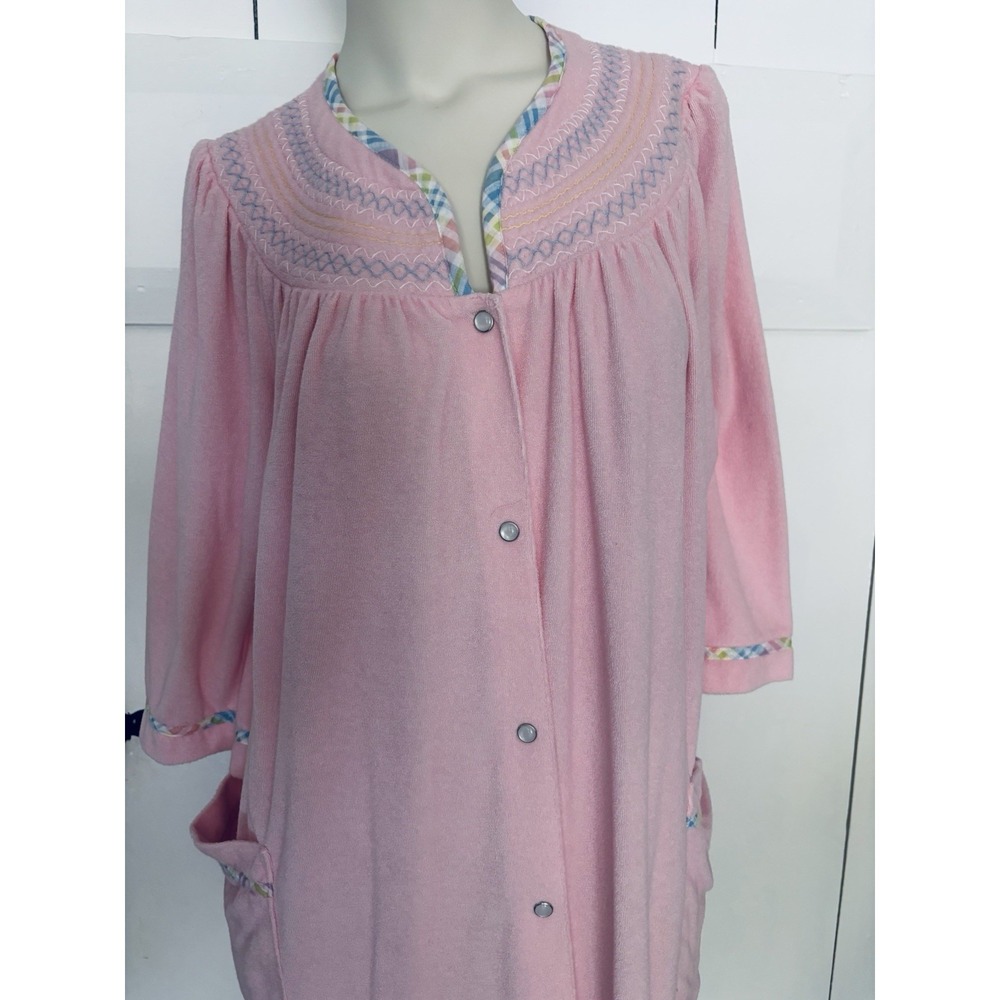 National Pink Pearl Snap Front Housecoat Robe Womens Large Granny Cottagecore